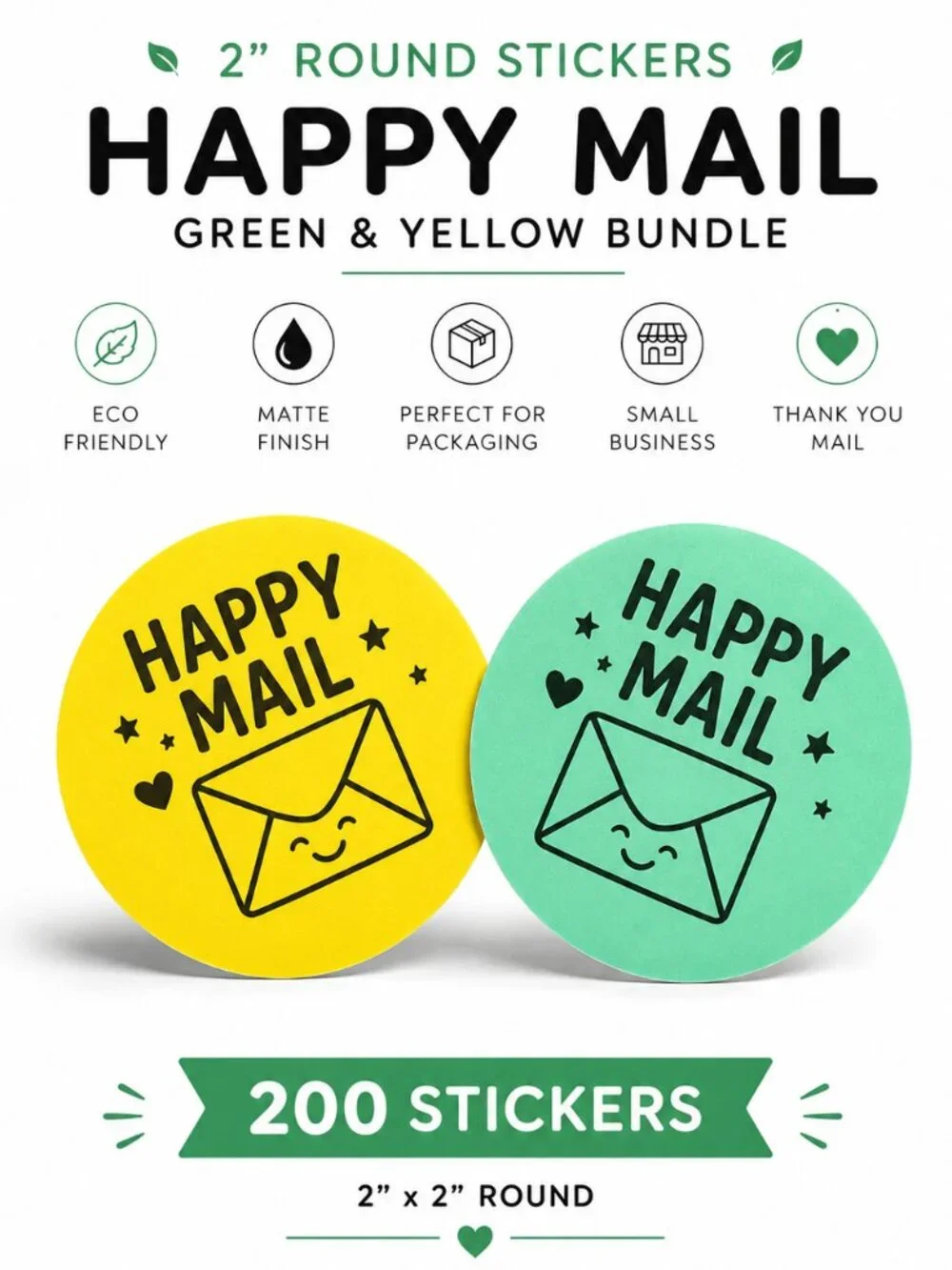 200 Green Yellow Stickers Happy Mail  2inch Round Circle Boutique Mailer Seal